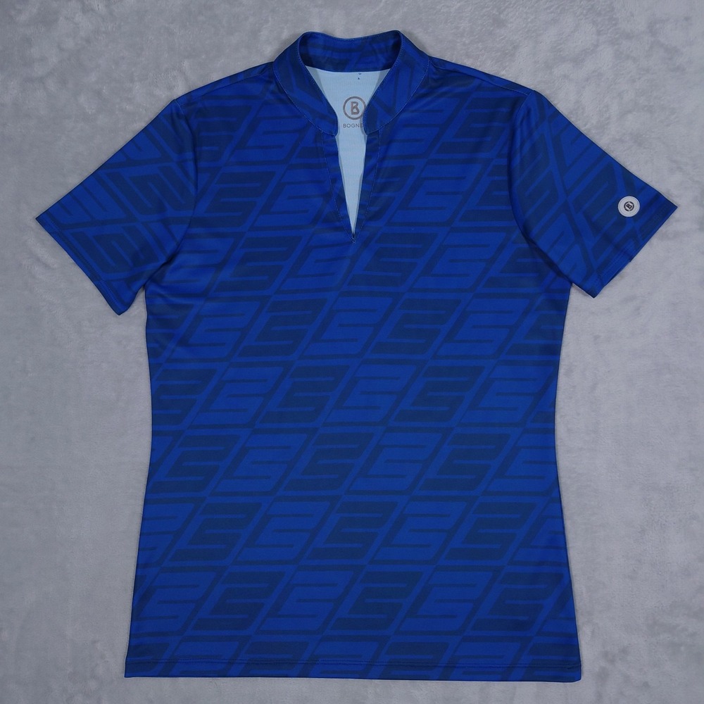 Bogner Performance Golf Top Womens S Geometric Navy Blue Short Sleeve V-Neck